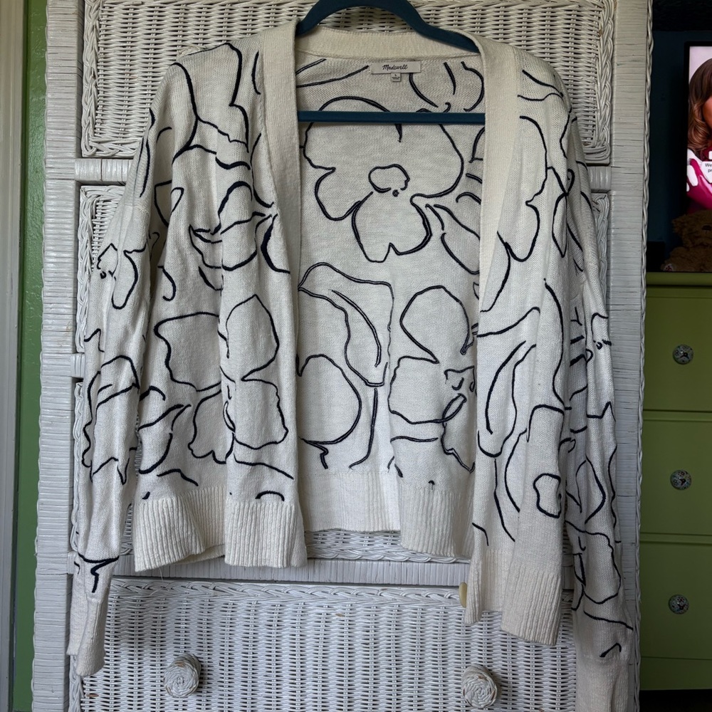 Madewell White and Navy Open-Front Floral Outline Cardigan